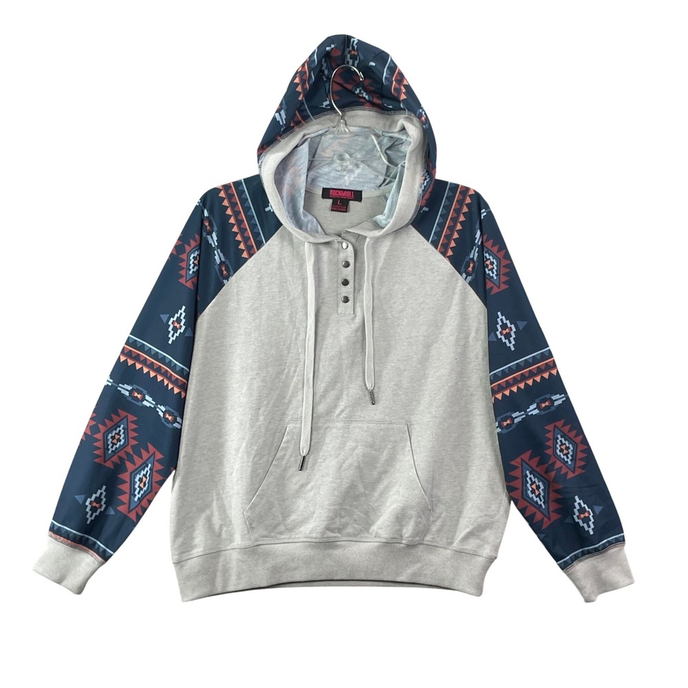 Rock & Roll Denim Hoodie Womens Large Grey Aztec Raglan Western Henley Pullover